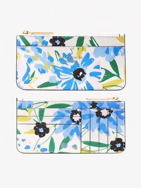 kate spade White Floral Zip Card Holder with Blue and Green Flowers